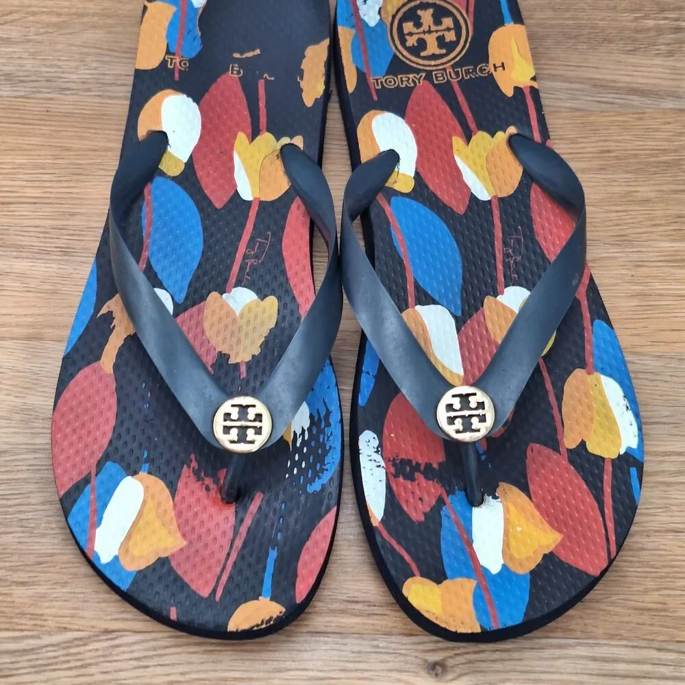 Tory Burch Women's 11 Thin Flip Flops Navy Blue Floral Print Logo Thongs Sandals